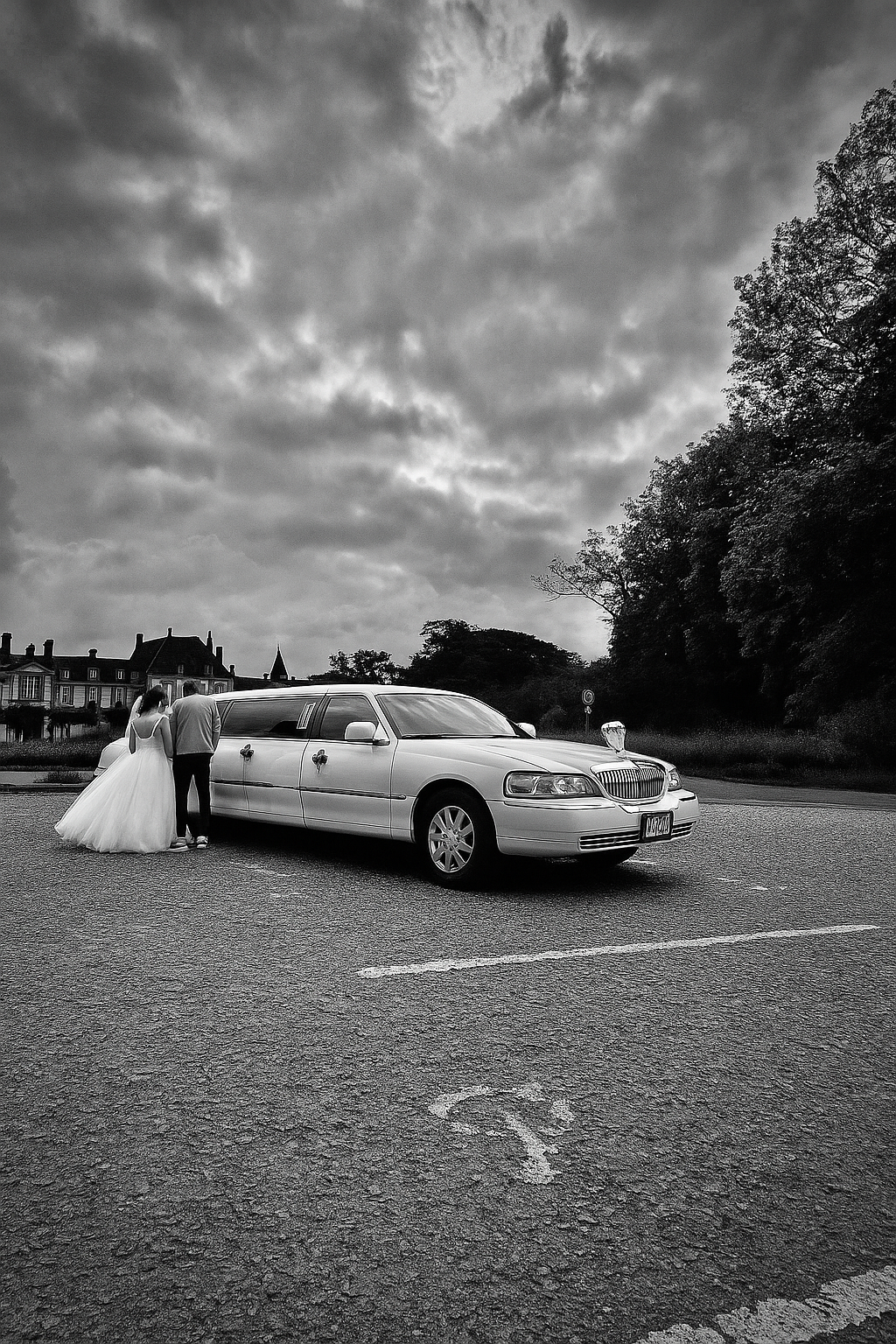 Couple de mariés en limousine à Paris